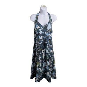 Athleta Pack Everywhere Halter Dress Blue Green Floral Knee Length Pockets 12